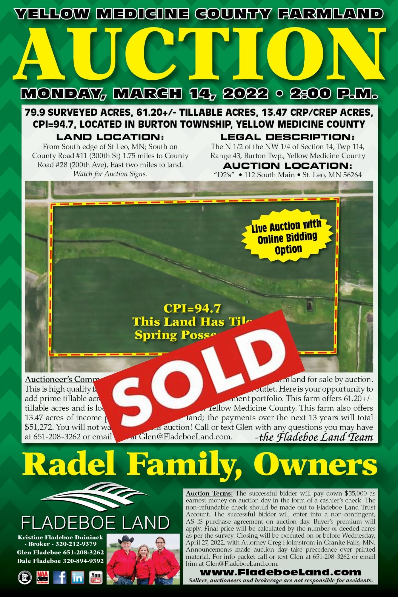 SOLD Farmland Auction in Yellow Medicine County 79.9 Surveyed Acres Auction Monday, March