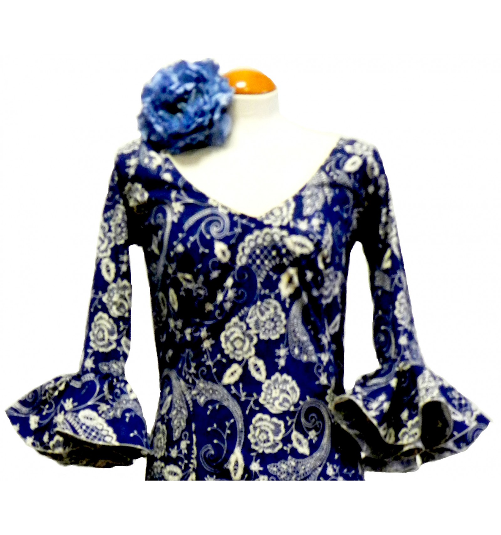 Vestido de flamenca señora azul marino con estampado floral beige