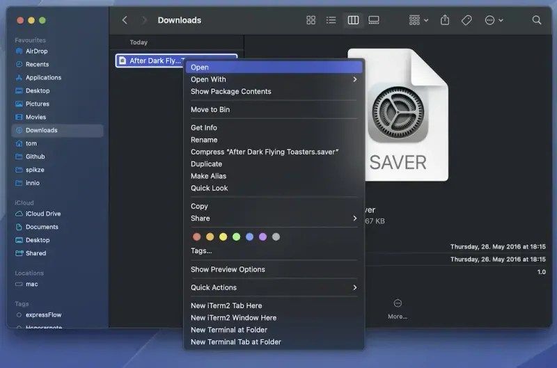 Instructions for installing the 'Flying Toasters' screensaver on macOS