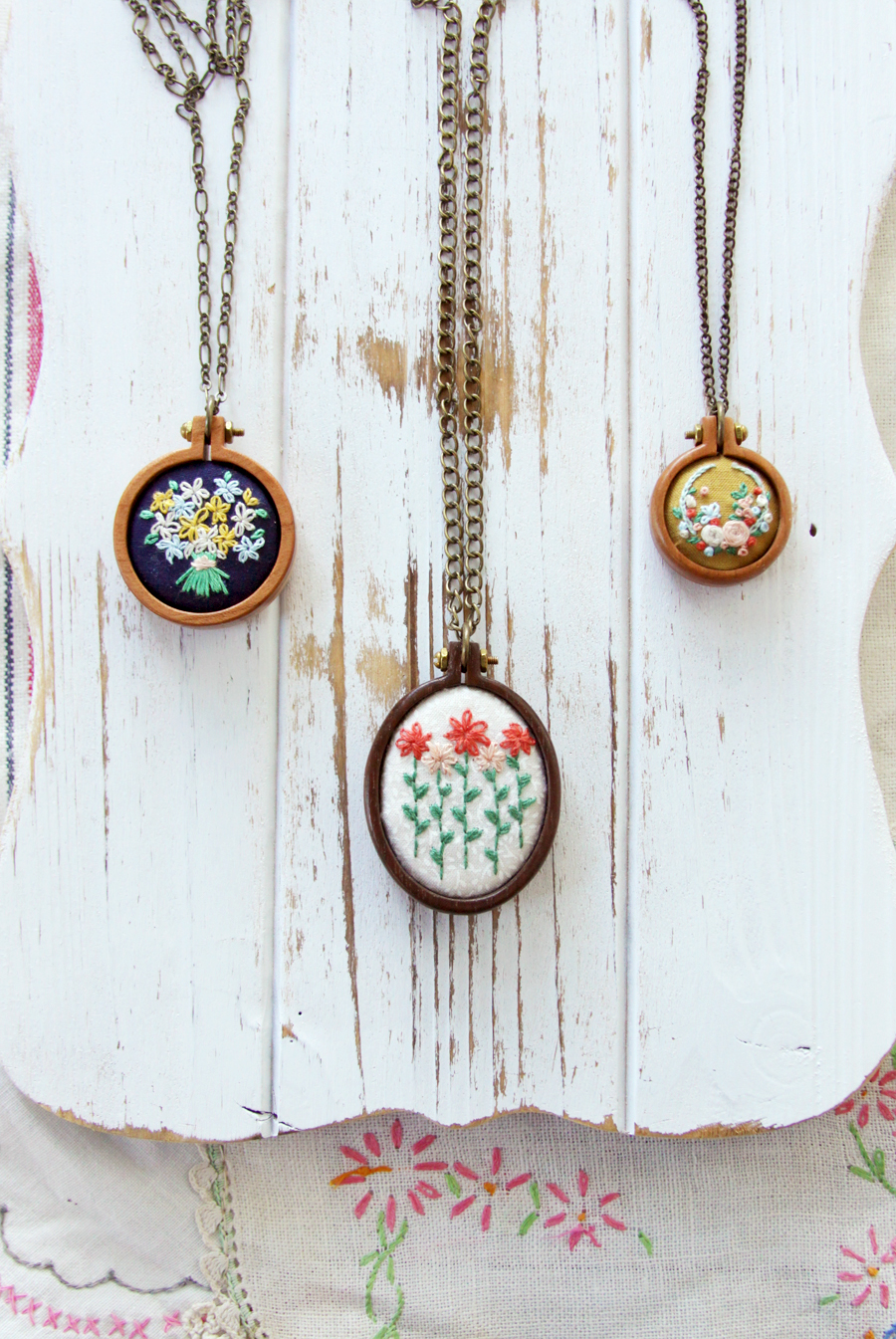 Three Sweet Embroidered Mini Hoop Necklaces
