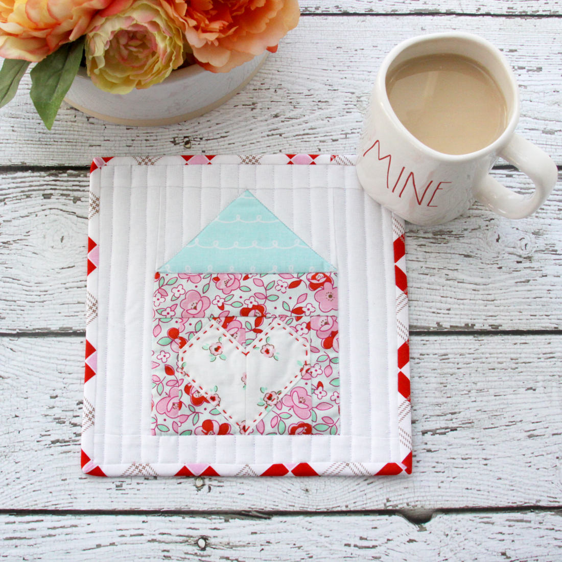 Valentine's Heart and Flower Periwinkle Mug Rug Kitchen & Dining Home