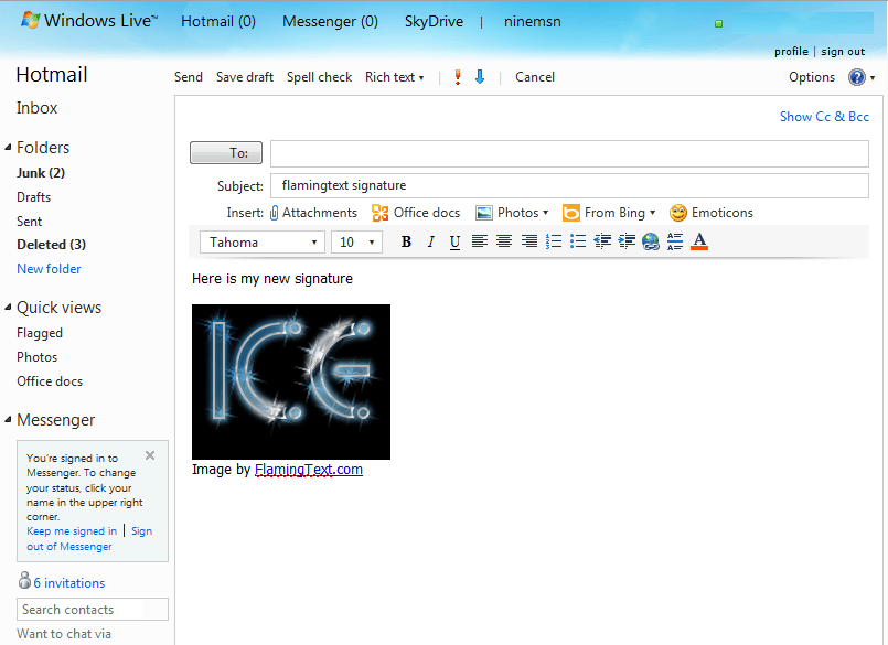 How to setup a Hotmail email signature with FlamingText