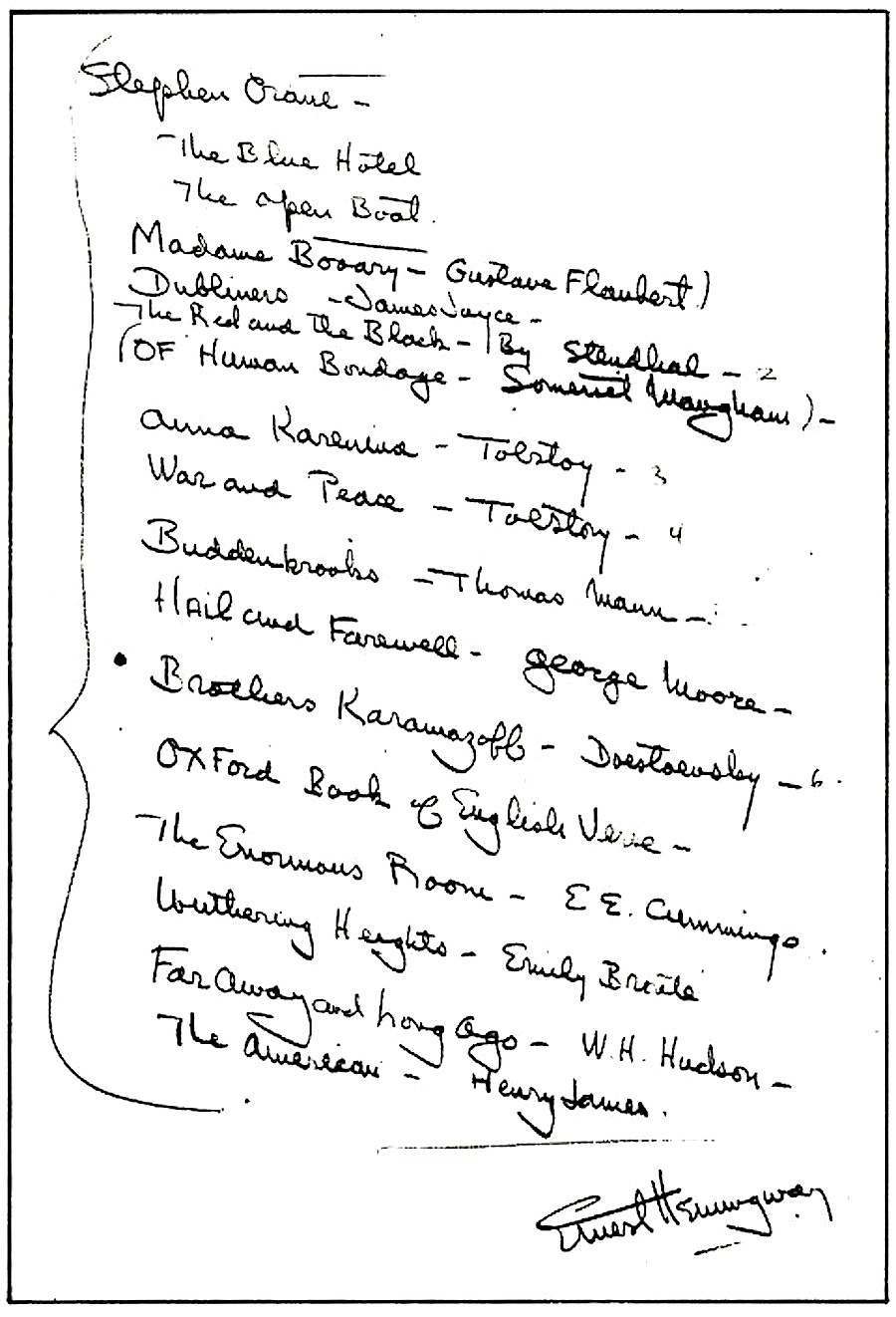 Ernest Hemingway's Reading List For a Young Writer 1934 Flashbak