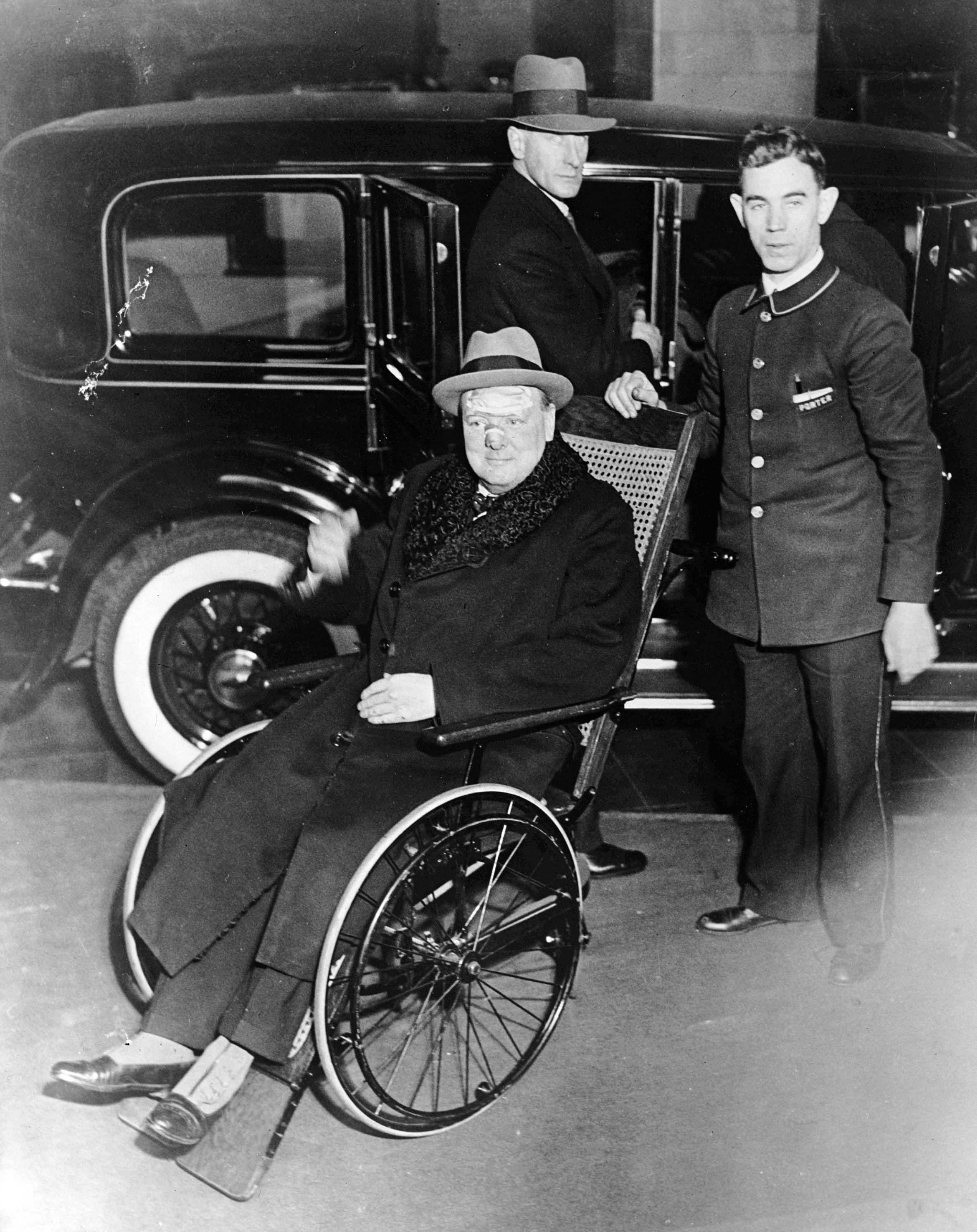 Winston Churchill leaves Lenox Hill Hospital, New York. Churchill is