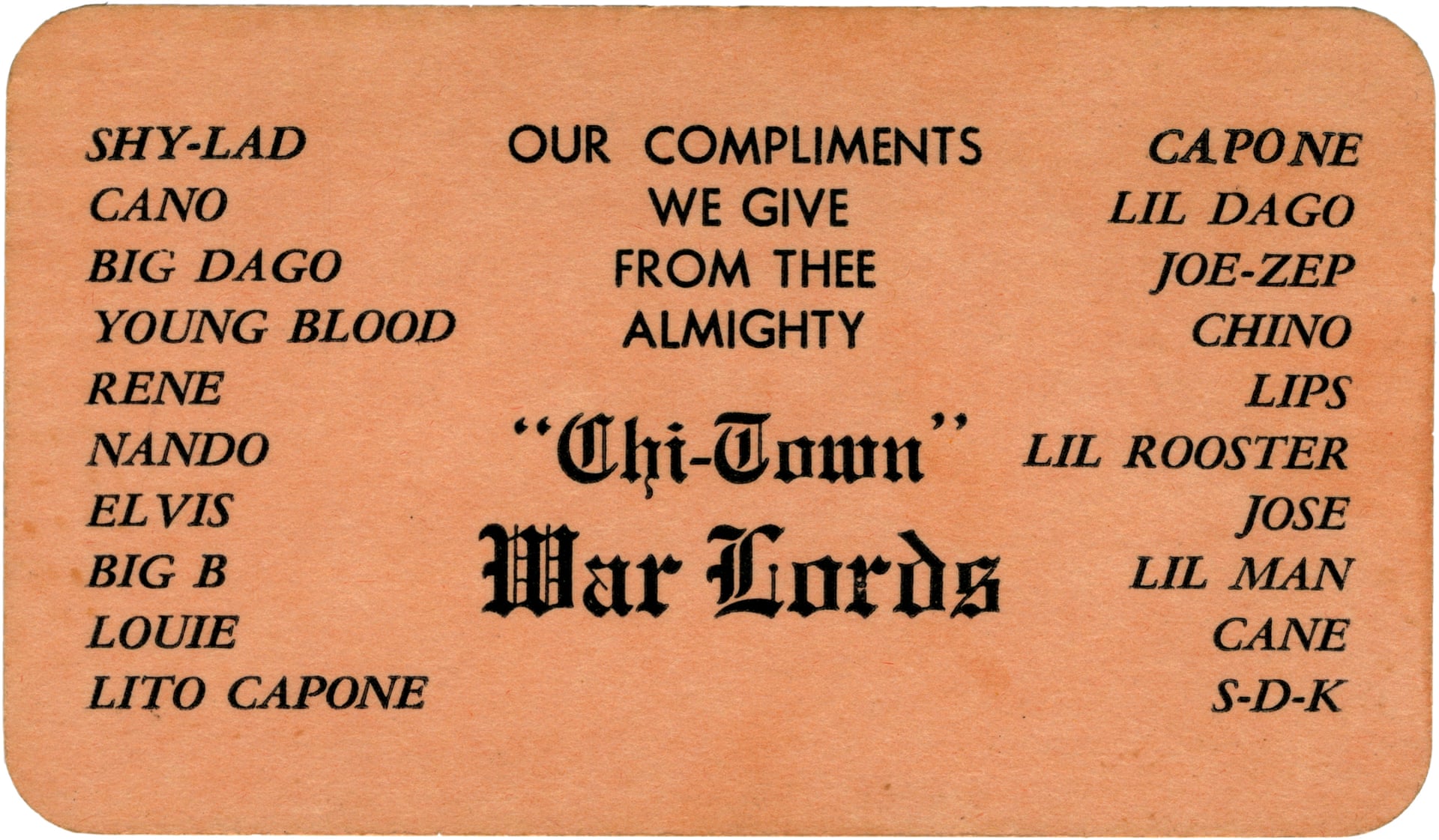 Compliments of Chicago Gang Business Cards from the 1970s and 1980s