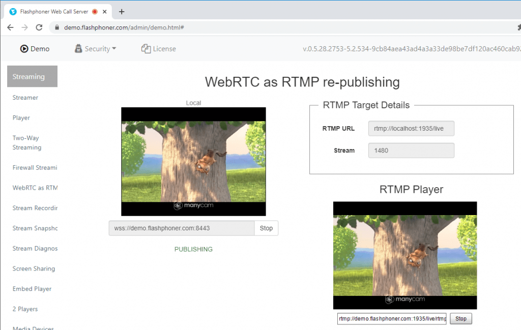 Testing WebRTC broadcasting to the RTMP Server Flashphoner Streaming