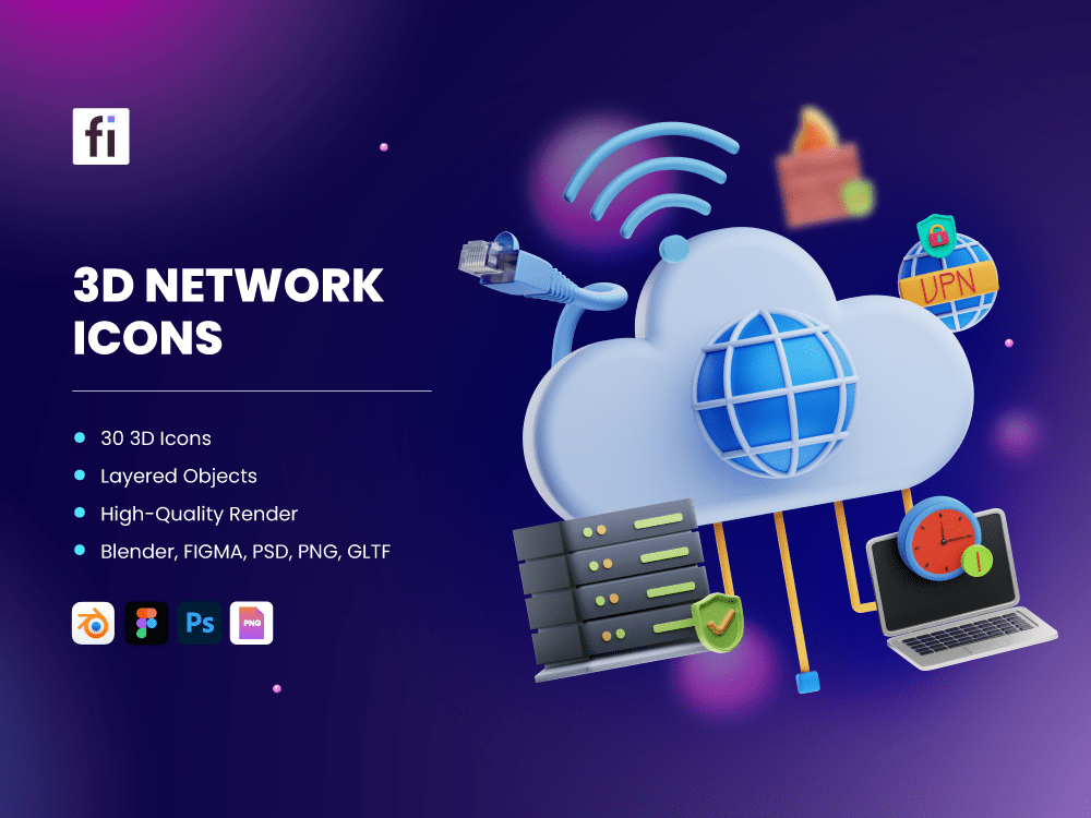 3D Network Icon Set Flat Icons