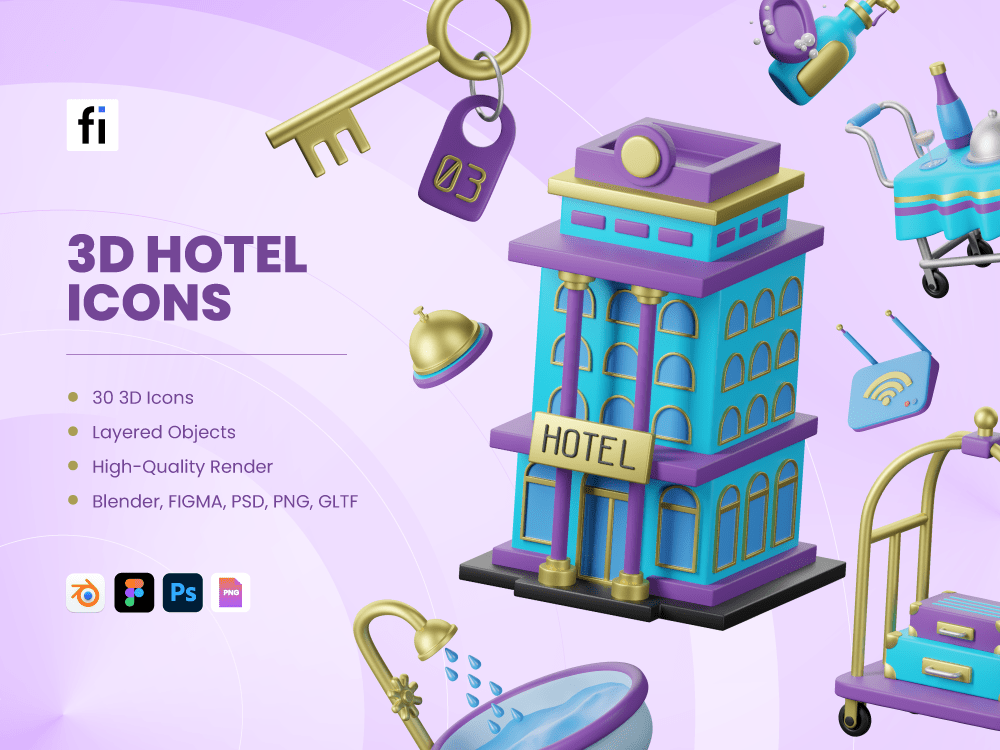 3D Hotel Icon Set Flat Icons
