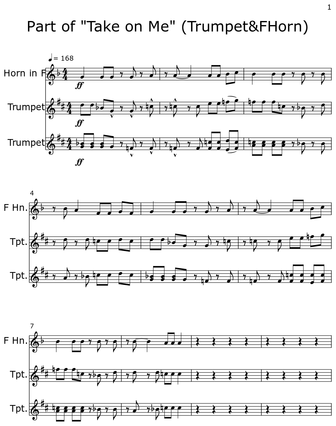 Part of "Take on Me" (Trumpet&FHorn) Sheet music for Horn in F, Trumpet