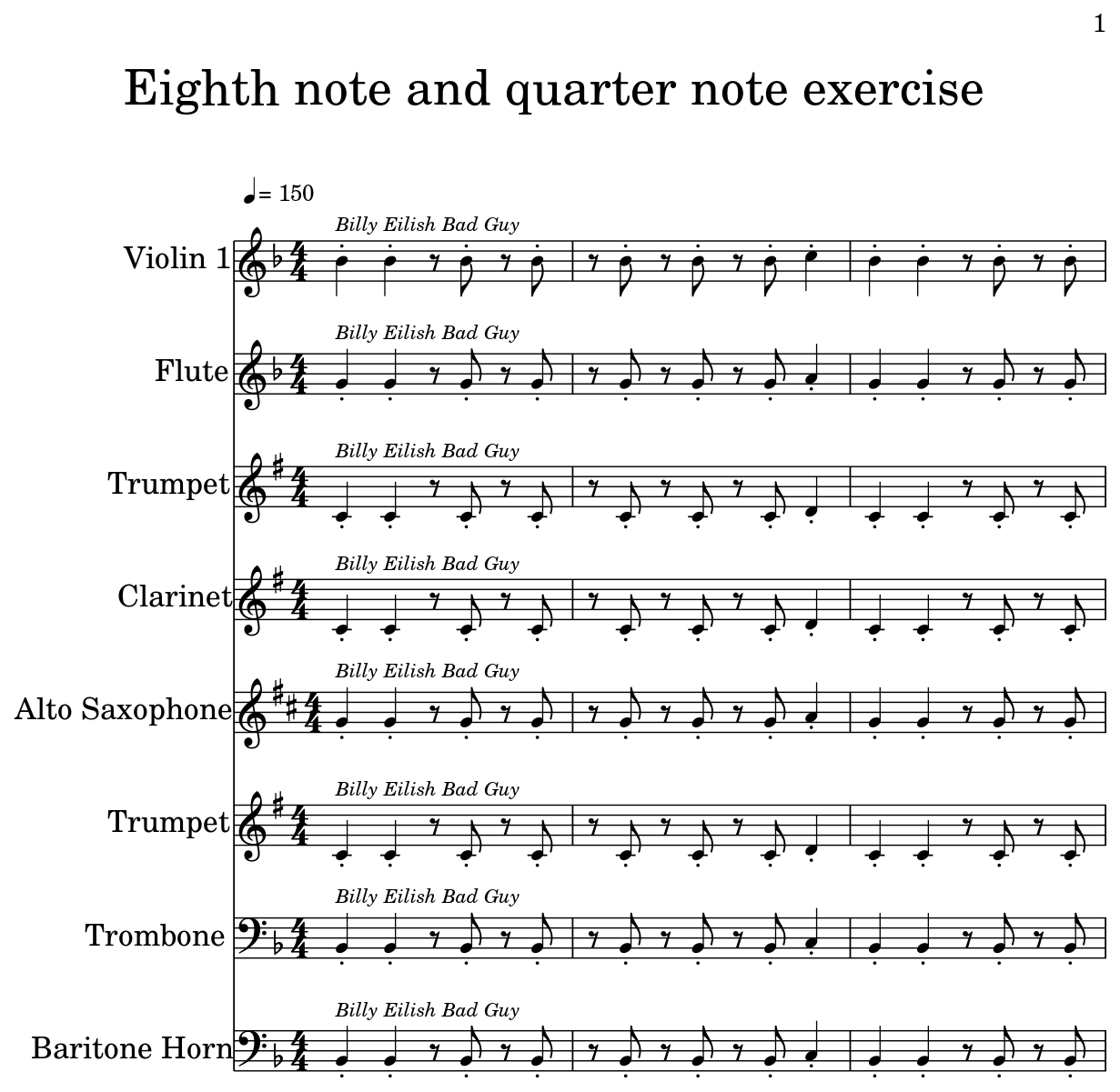 Eighth note and quarter note exercise Sheet music for Violin, Flute