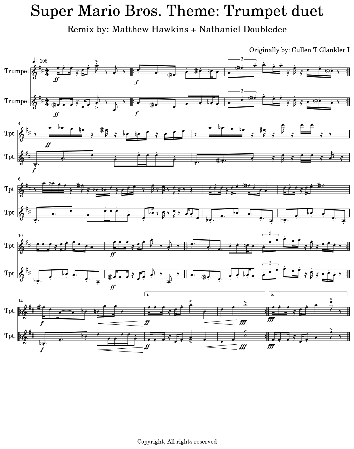 Super Mario Bros. Theme Trumpet duet Sheet music for Trumpet