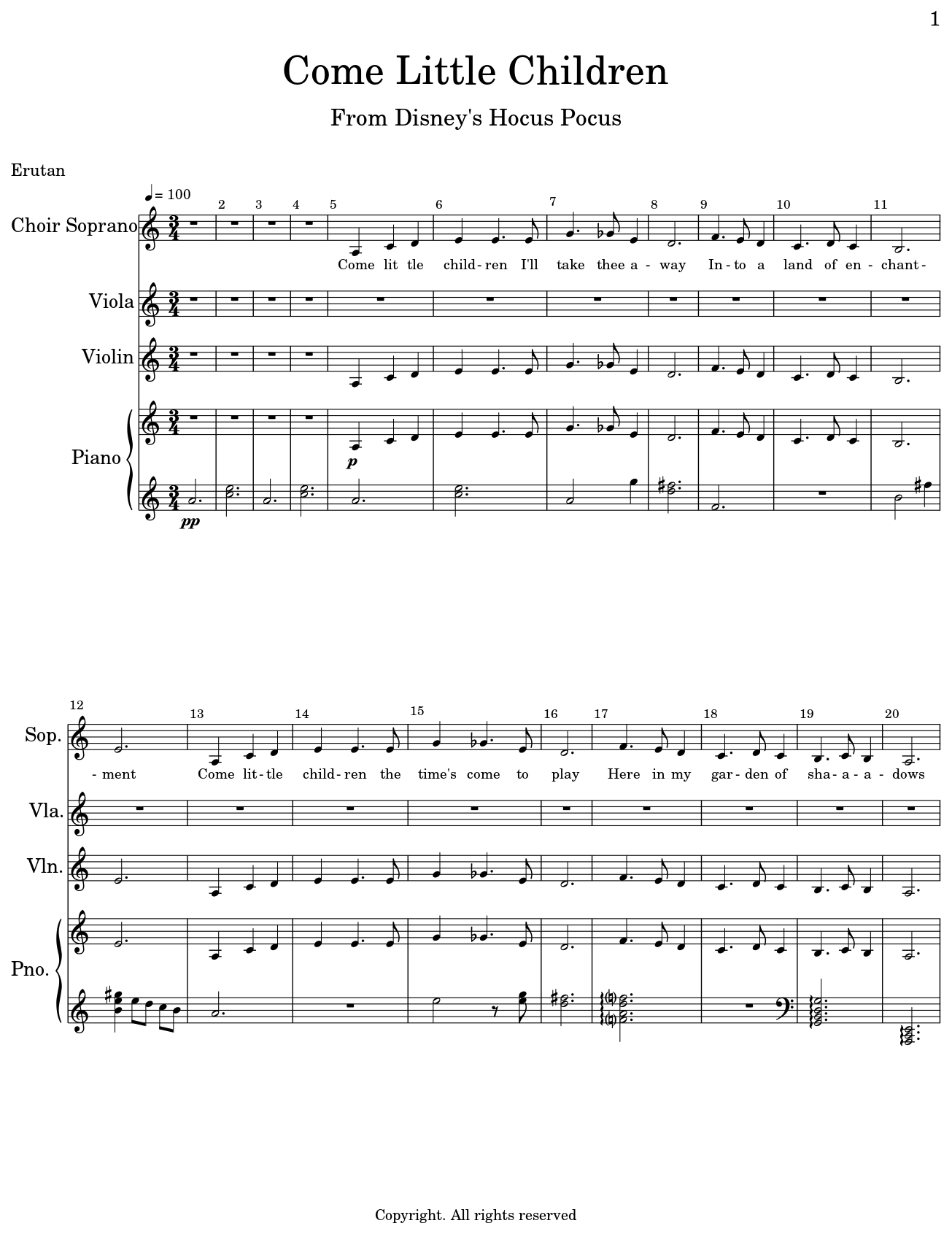 Come Little Children Sheet music for Choir Aahs, Viola, Violin, Piano
