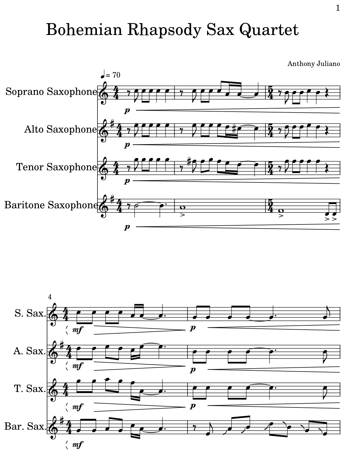 Bohemian Rhapsody Sax Quartet Sheet music for Soprano Saxophone, Alto