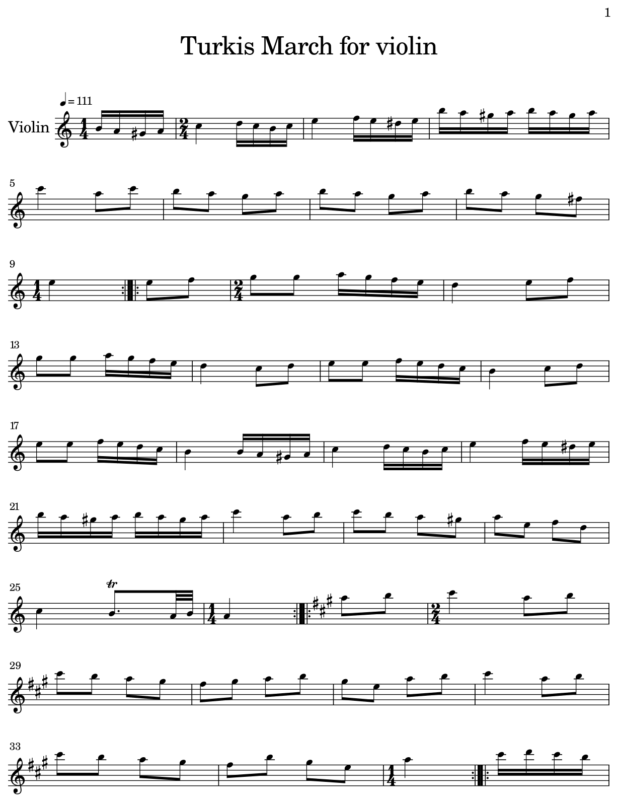Turkis March for violin Sheet music for Violin
