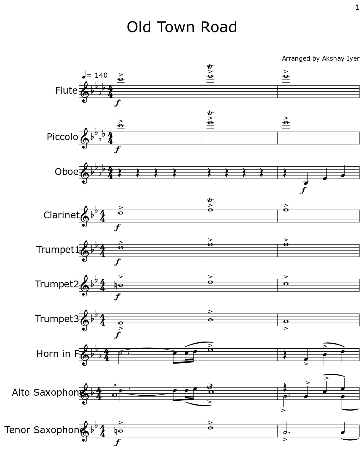 Old Town Road Sheet music for Flute, Piccolo, Oboe, Trumpet