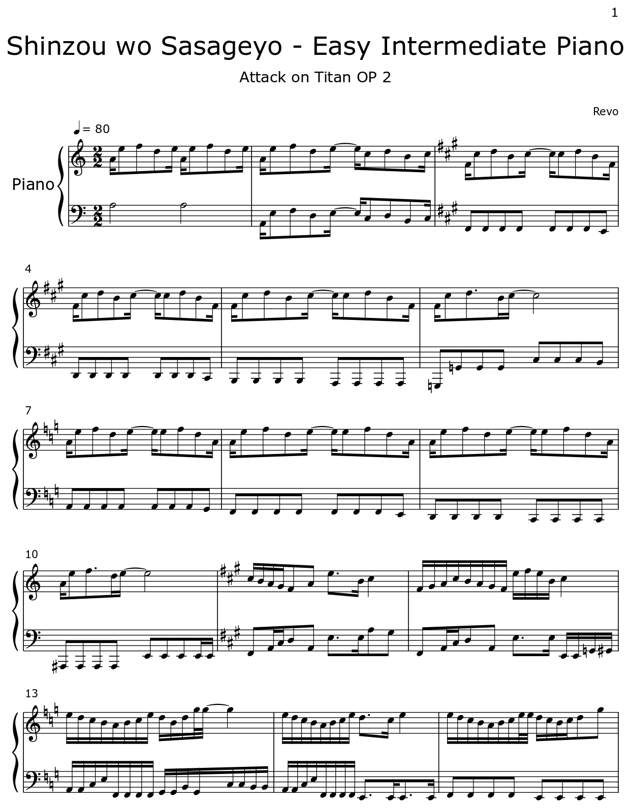 Shinzou wo Sasageyo Easy Intermediate Piano Sheet music for Piano