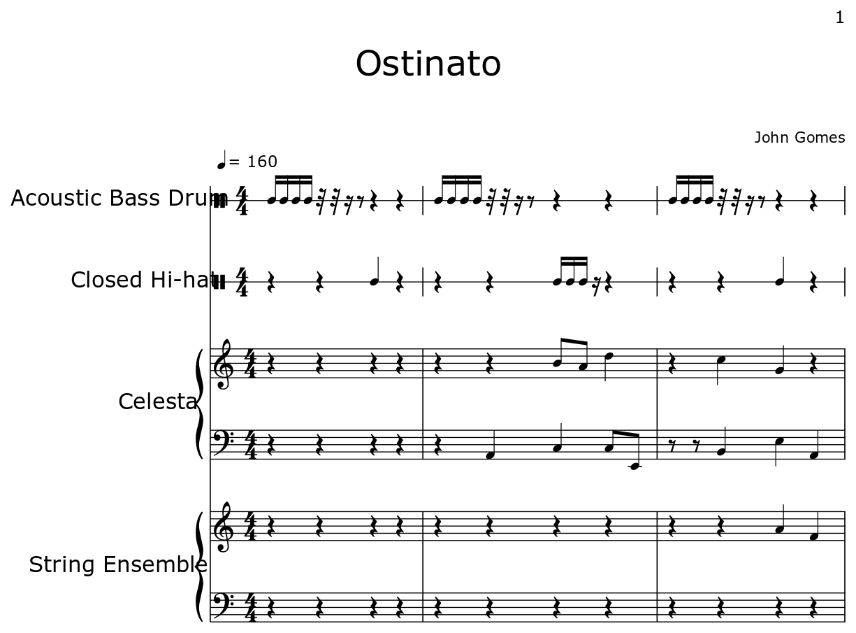 Ostinato Sheet music for Acoustic Bass Drum, Closed Hihat, Celesta