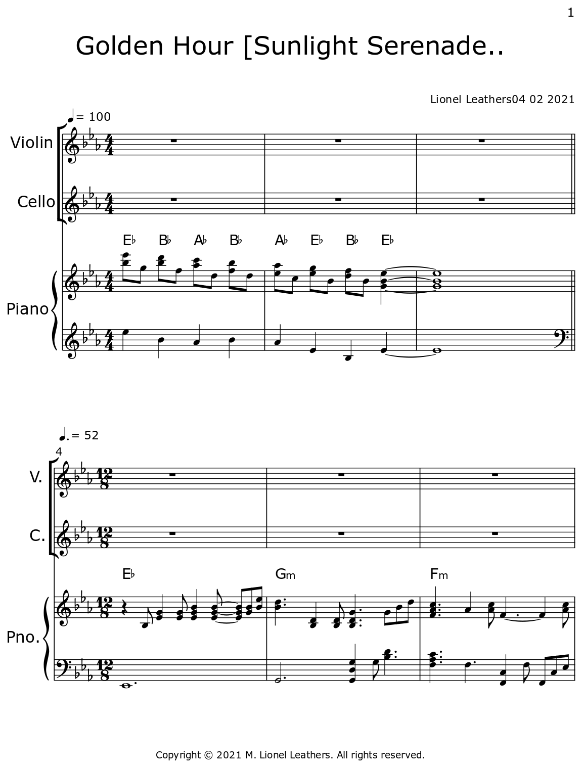 Golden Hour [Sunlight Serenade.. Sheet music for Violin, Cello, Piano