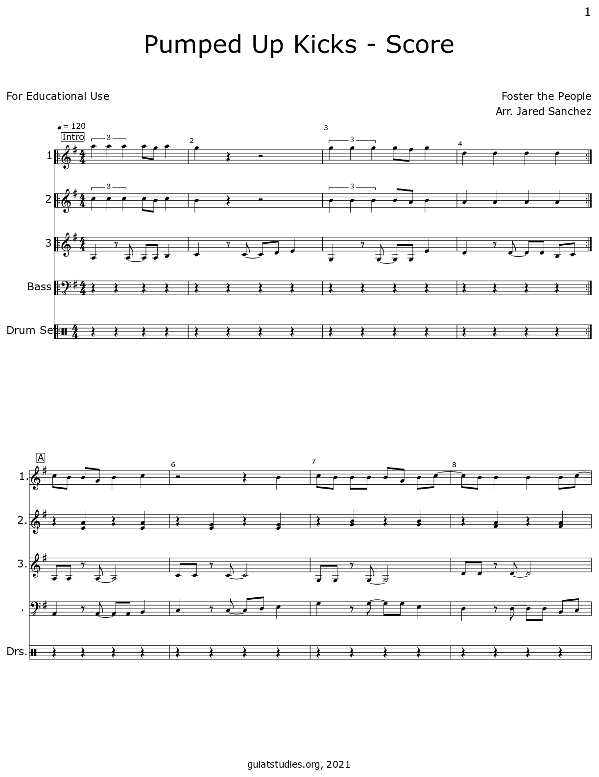 Pumped Up Kicks Score Sheet music for Electric Bass, Drum Set