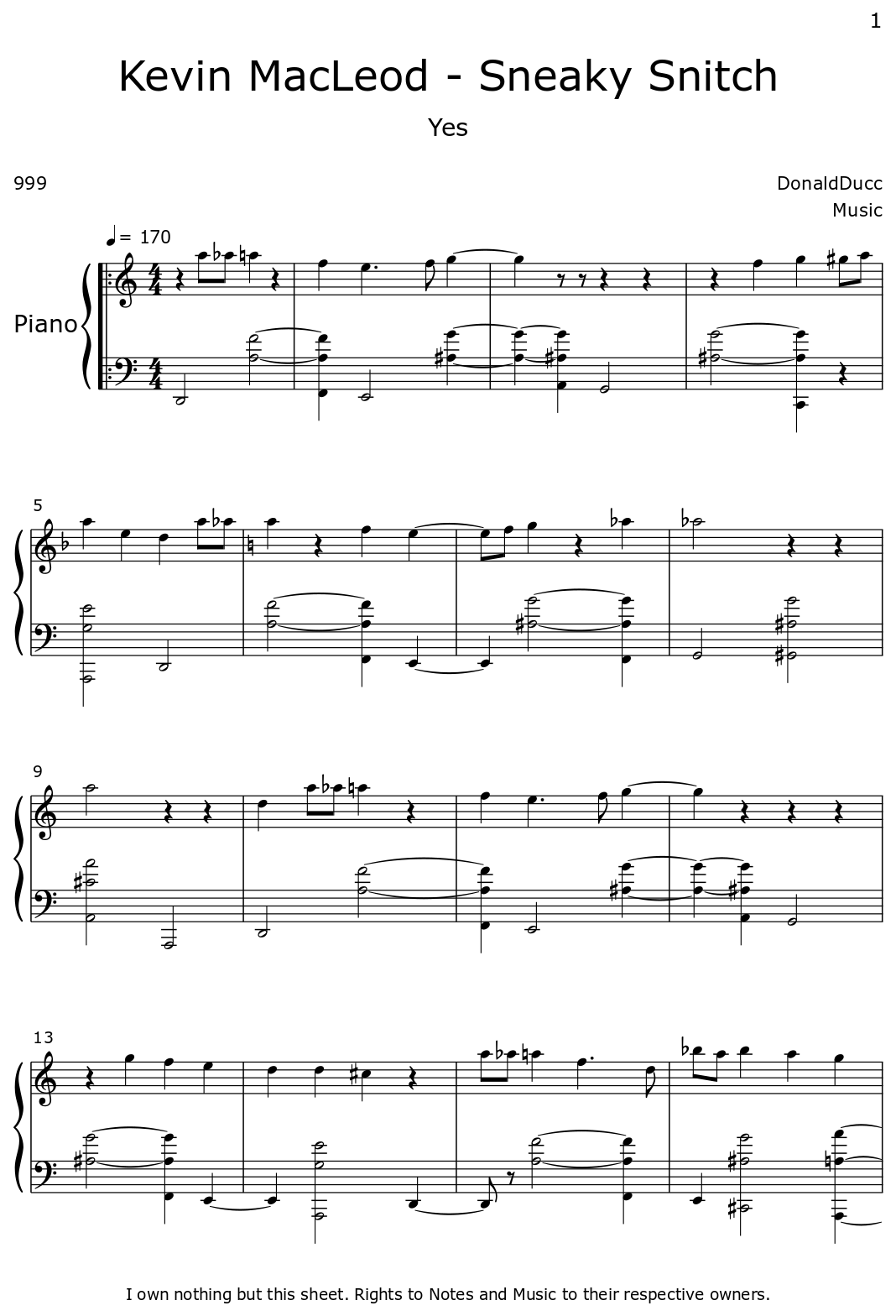 Kevin MacLeod Sneaky Snitch Sheet music for Piano