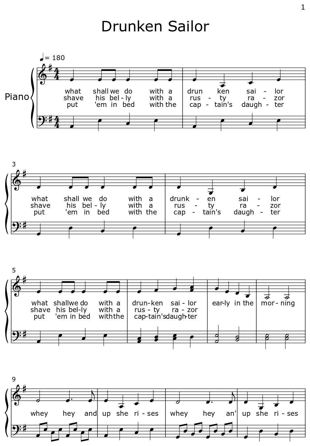 Drunken Sailor Sheet music for Piano