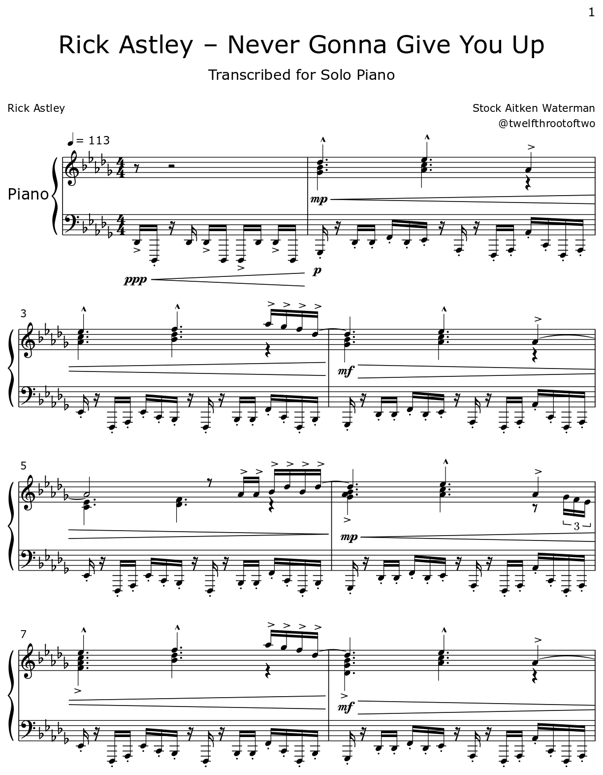 Rick Astley Never Gonna Give You Up Sheet music for Piano