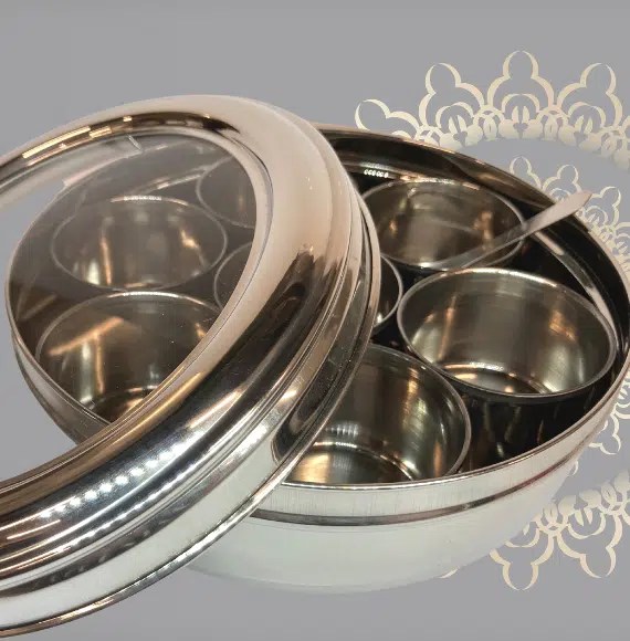 Indian Dabba Masala Spice Storage Box 7 spices (Silver) Flavour & Spice