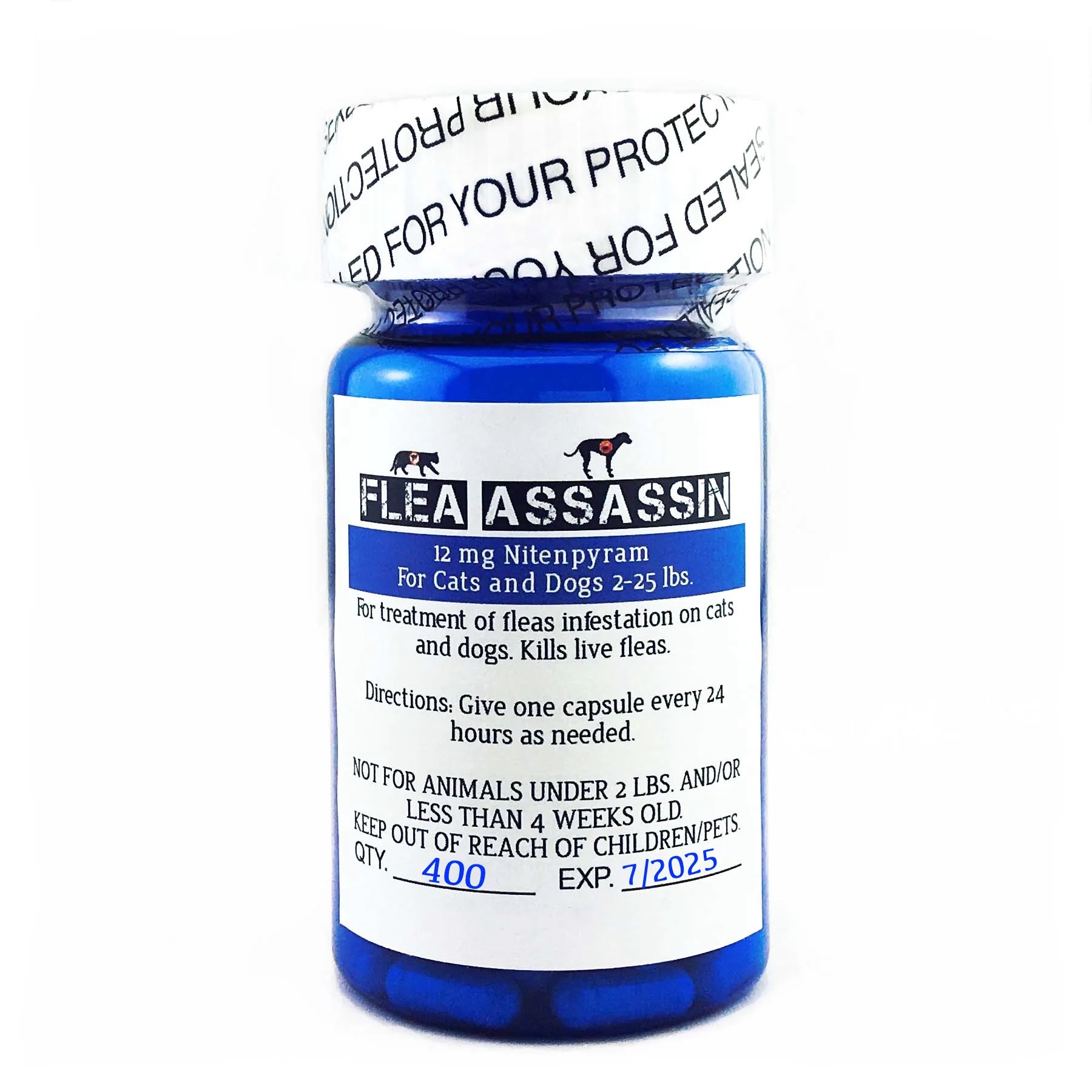Rapid Flea Killer Cats Dogs 225 lbs, Blue Label 400 capsules Flea