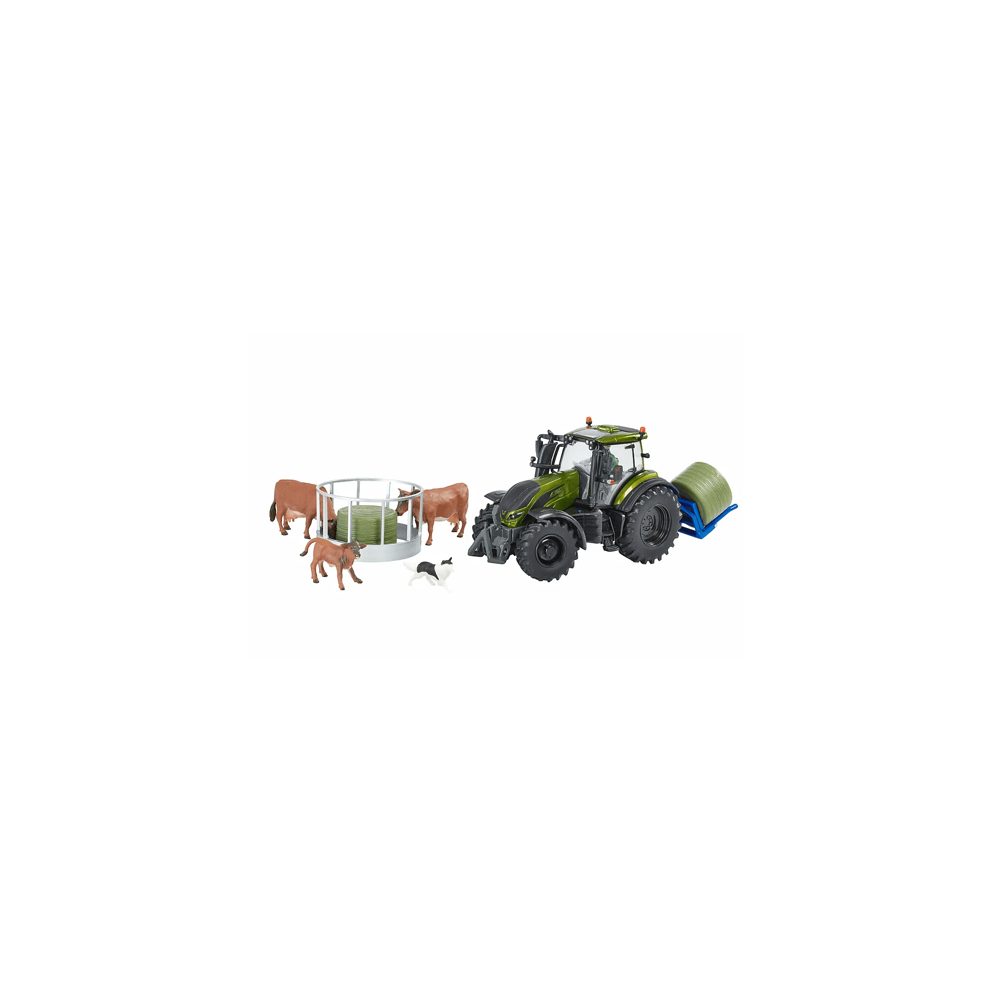 Metallic Olive Green Valtra Playset (+ Cow Feeder + Bale Lifter