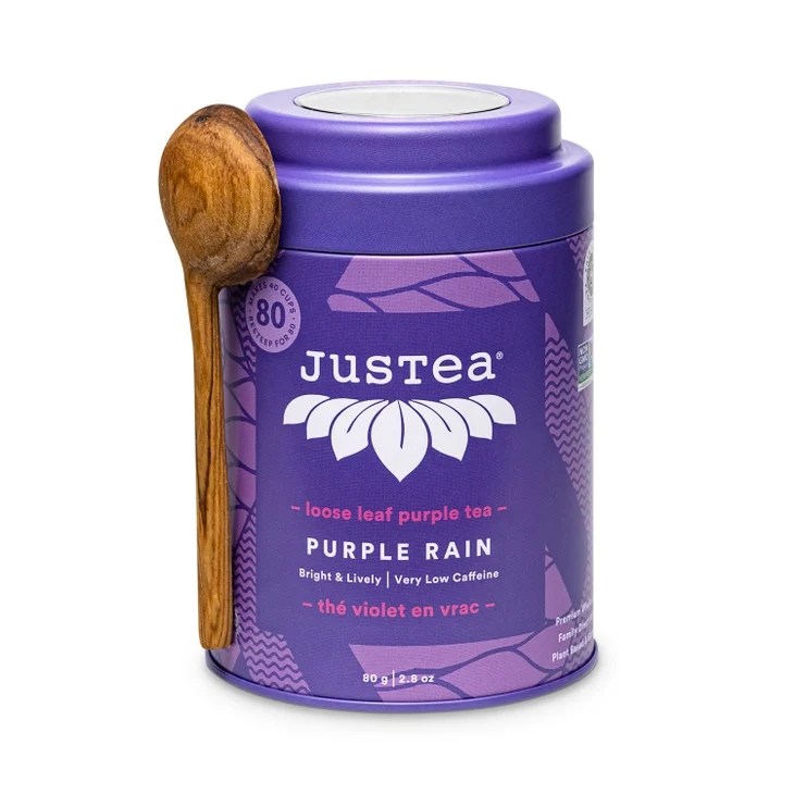 JusTea Purple Rain Tin with Spoon Organic, FairTrade, Purple Tea