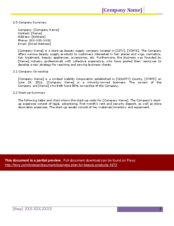 Word Template Business Plan for Beauty Products (31page Word document