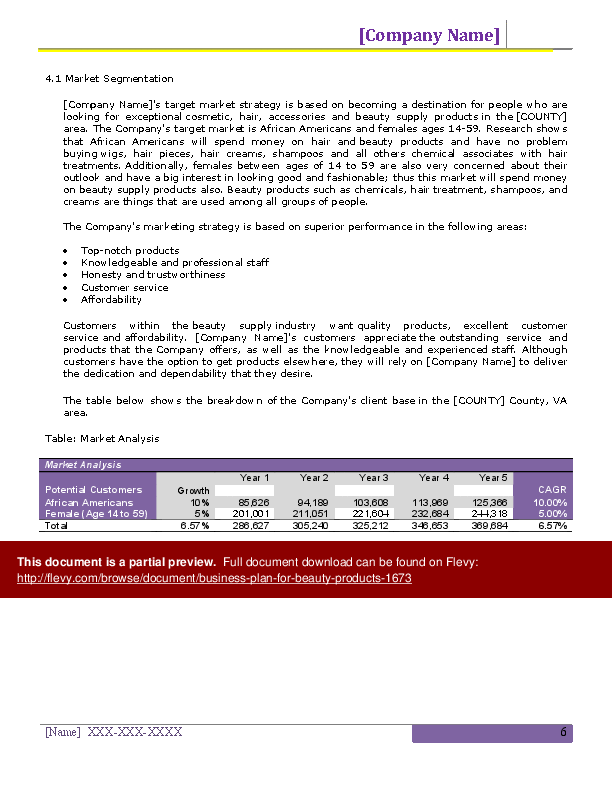 Word Template Business Plan for Beauty Products (31page Word document