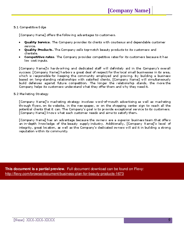 Word Template Business Plan for Beauty Products (31page Word document