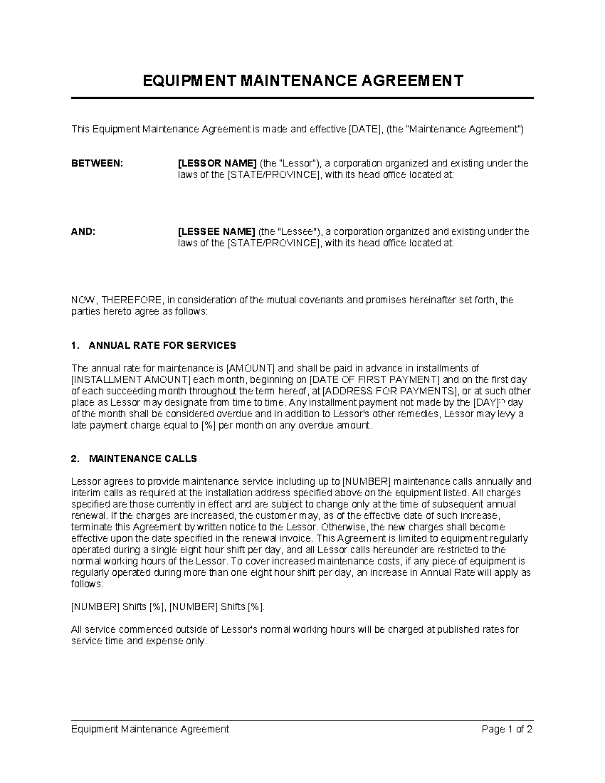 Word Template Equipment Maintenance Agreement (2page RTF Word