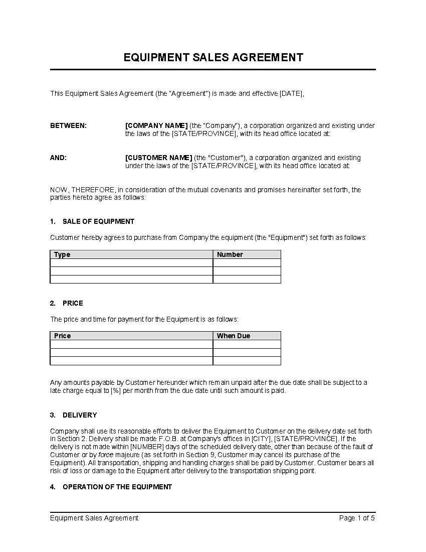 Word Template Equipment Sales Agreement (5page RTF Word document