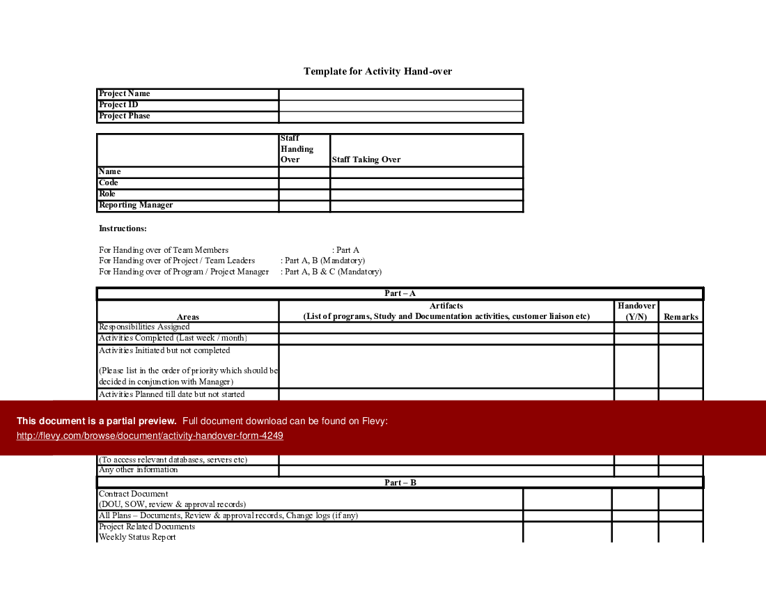 Handover Format In Excel