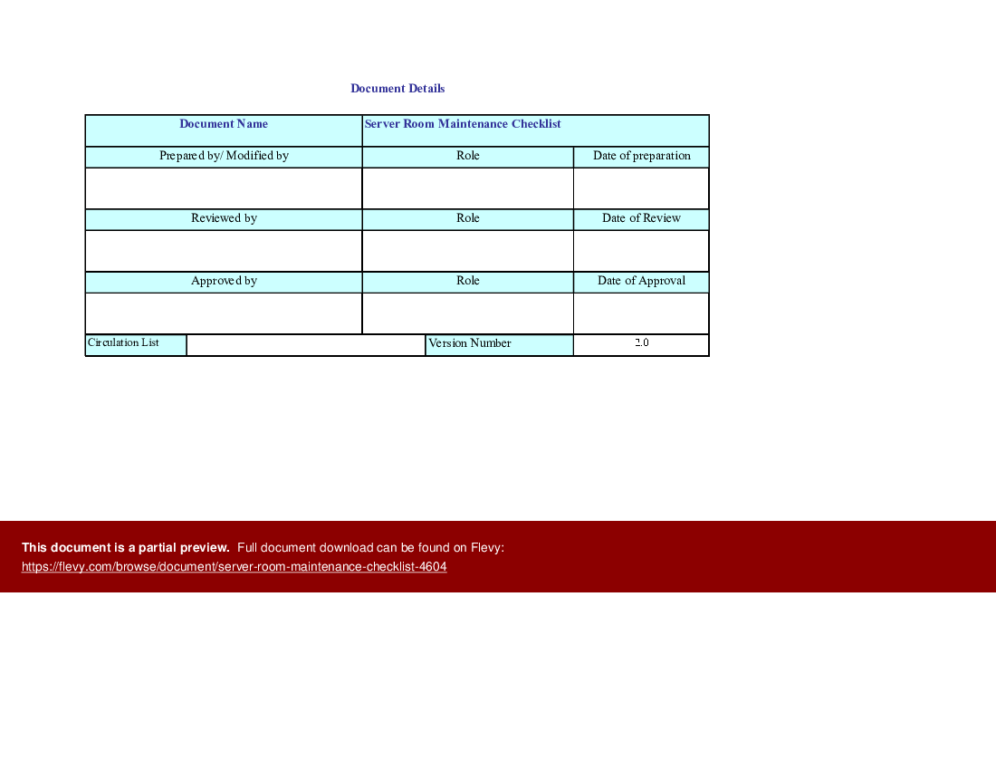 Excel Template Server Room Maintenance Checklist (Excel template XLS) Flevy