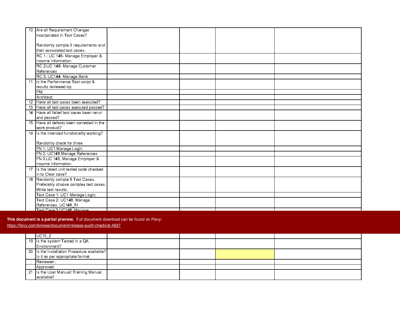 Excel Template Release Audit Checklist (Excel template XLS) Flevy