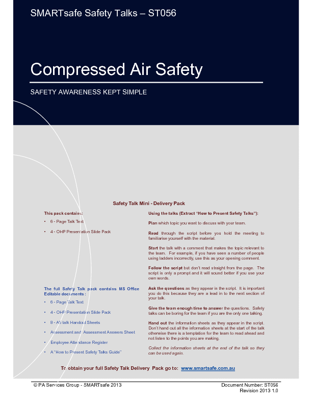 Compressed Air Safety Safety Talk (14page PDF document) Flevy