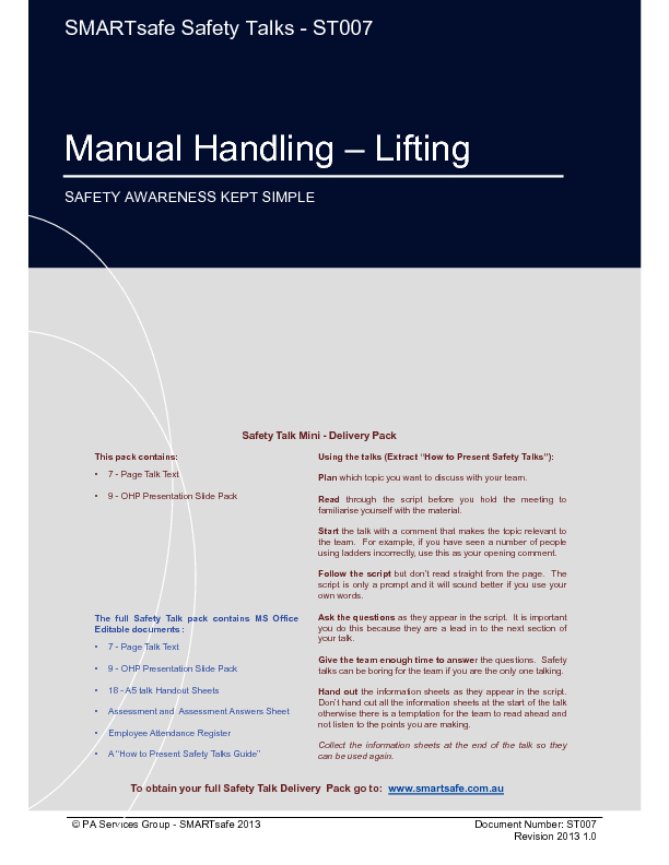 PDF Manual Handling Lifting Safety Talk (20page PDF document) Flevy