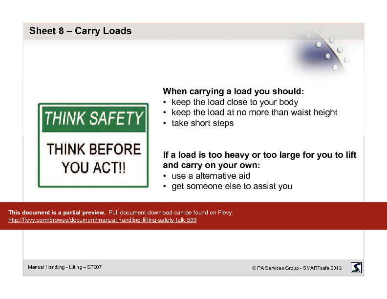 PDF Manual Handling Lifting Safety Talk (20page PDF document) Flevy
