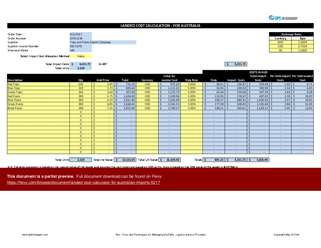 Landed Cost Calculator for Australian Imports Template Excel XLS