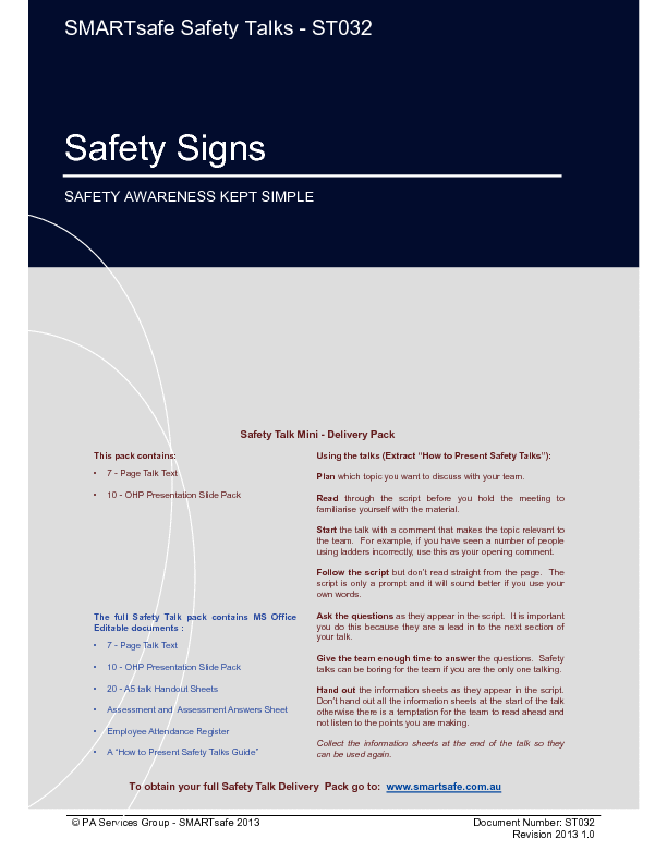 PDF Safety Signs Safety Talk (21page PDF document) Flevy