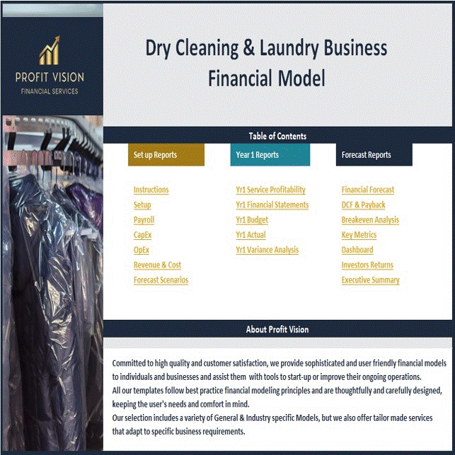Excel Template Dry Cleaning & Laundry Business Financial Model (Excel template XLSX) Flevy
