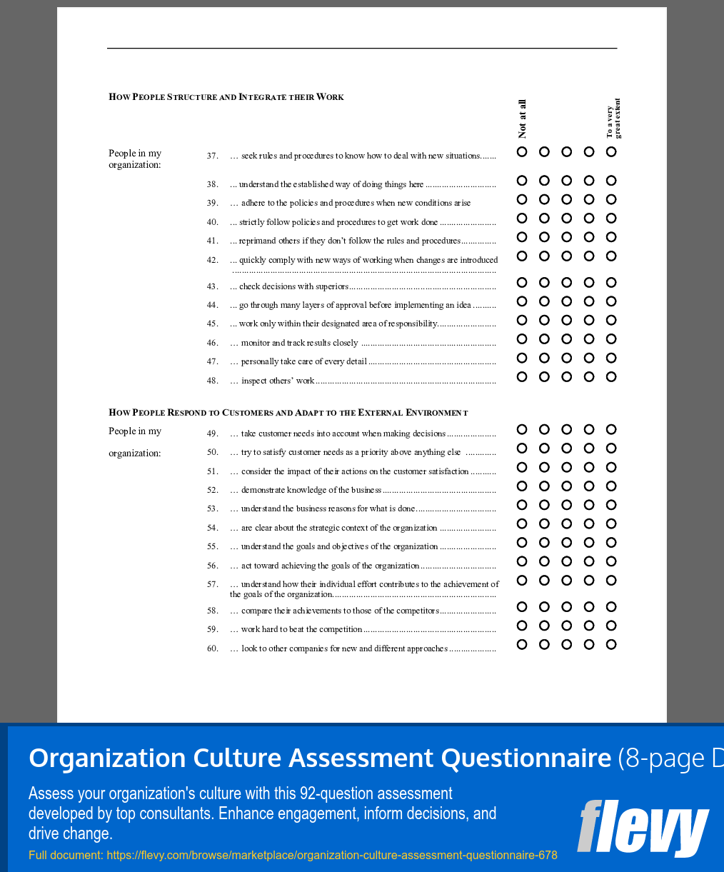 Word Template Organization Culture Assessment Questionnaire (8page Word document) Flevy