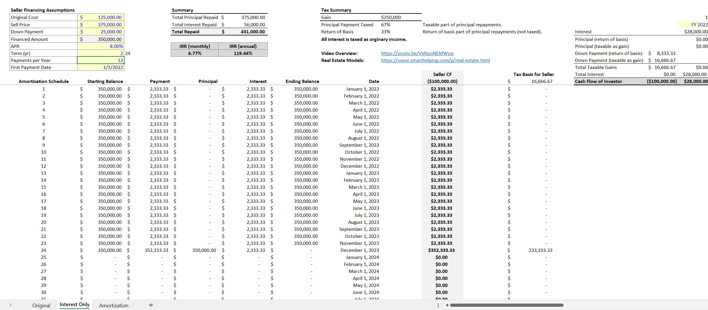 Excel Template Seller Financing Amortization Schedule with Tax Logic (Excel template XLSX) Flevy
