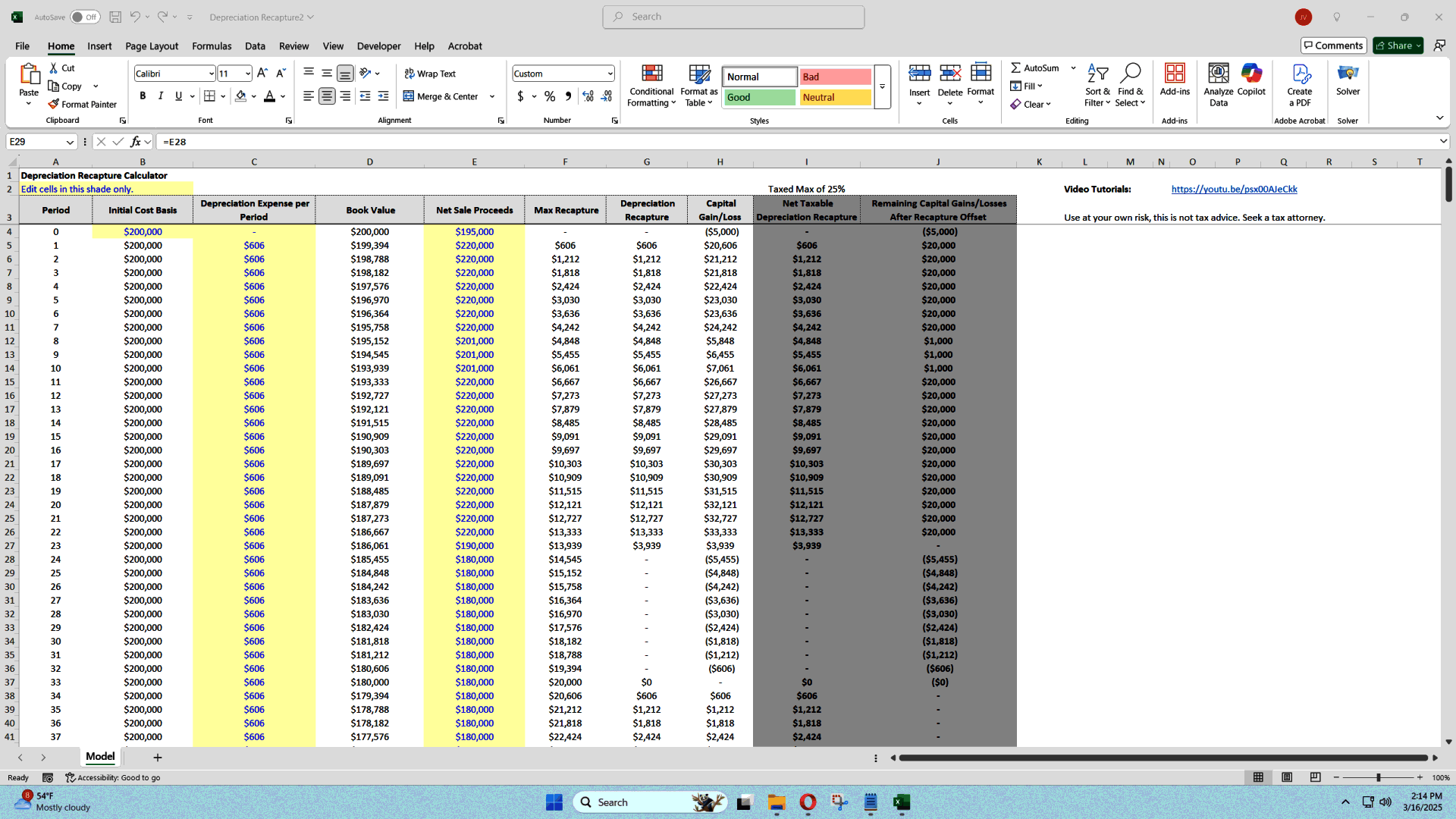 Excel Template Depreciation Recapture Calculator (Excel template XLSX