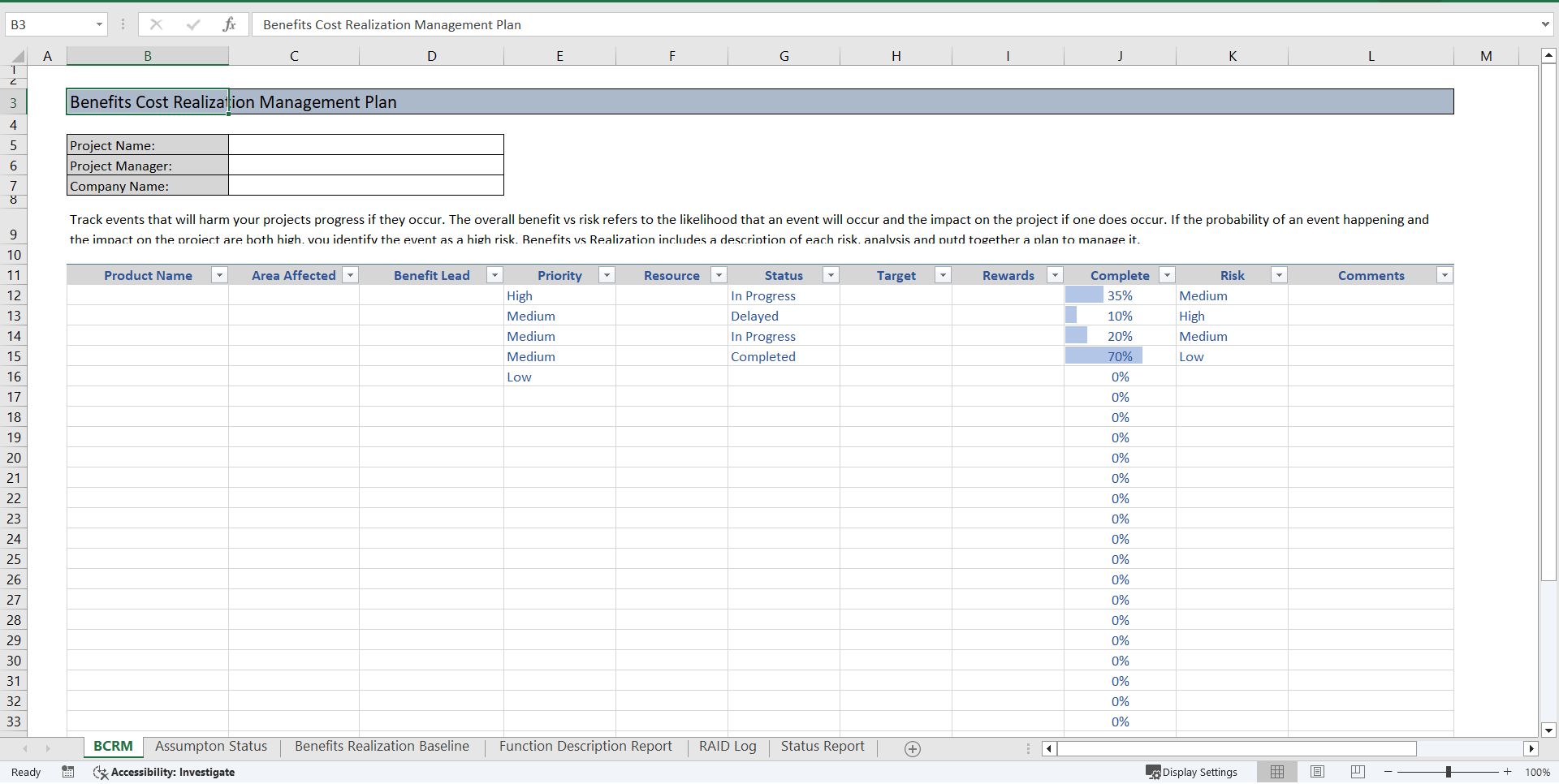 Excel Template Benefits Cost Realization Management Plan Template