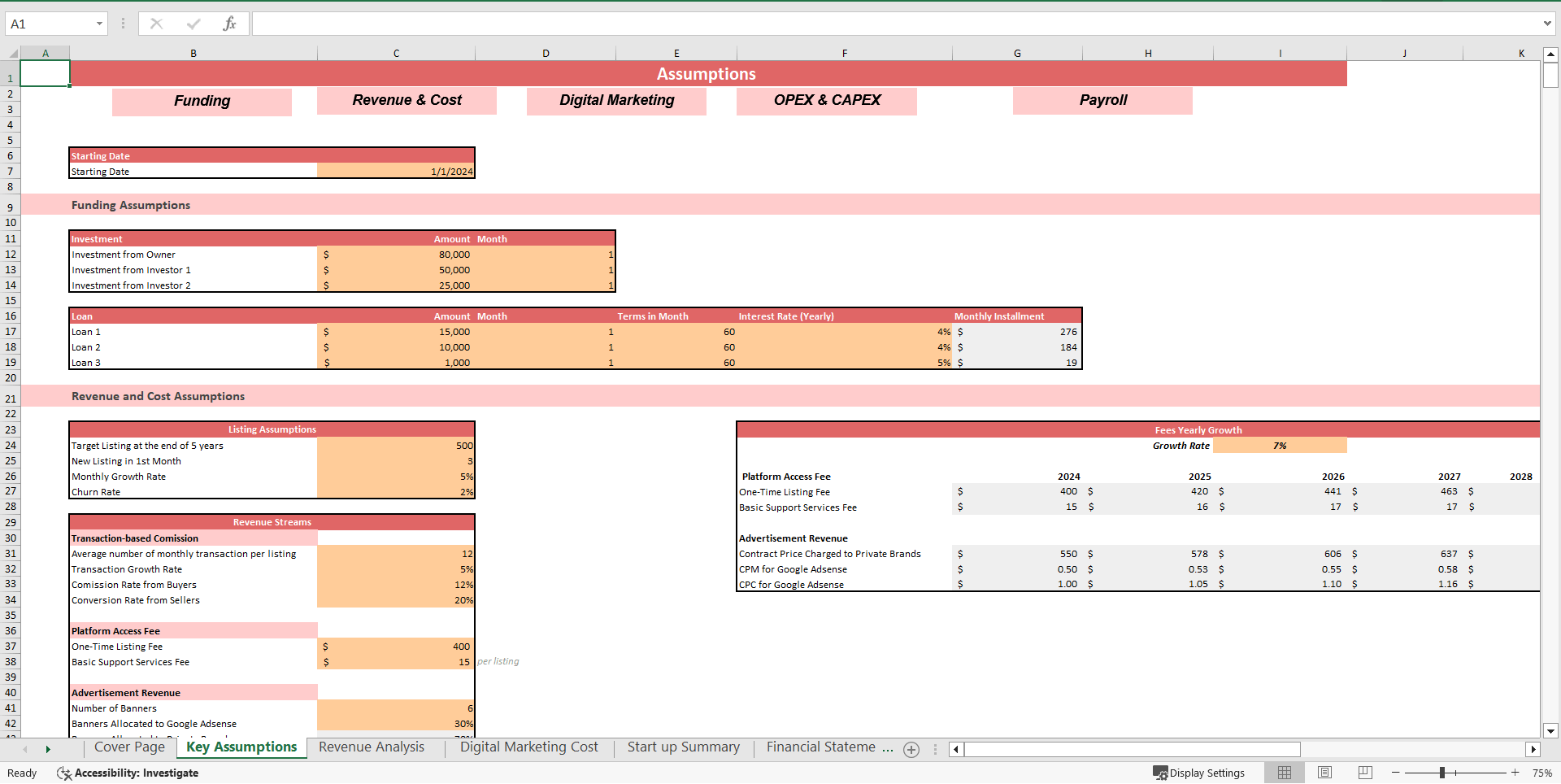Excel Template Household Service Marketplace DCF Valuation Excel Model