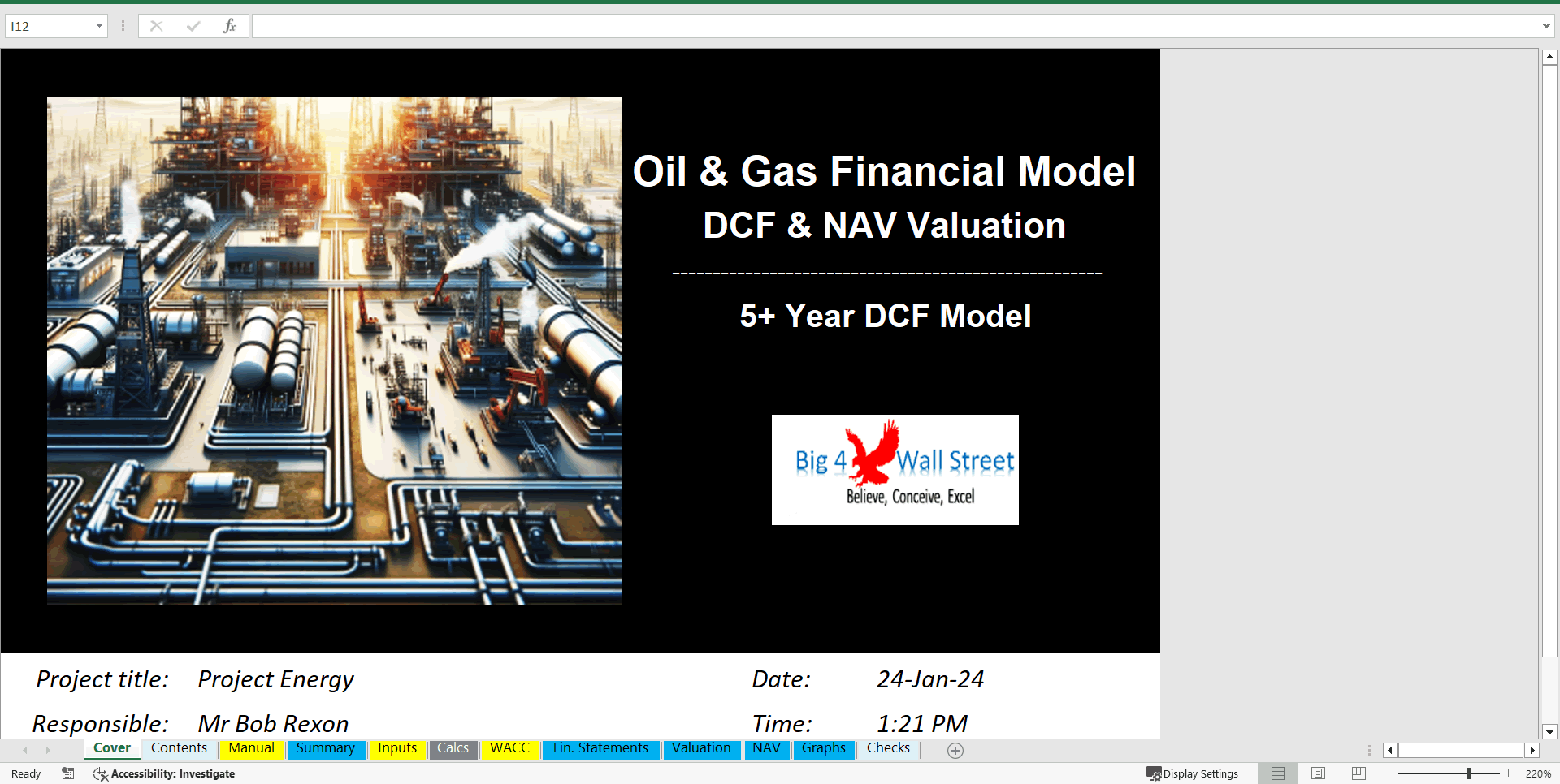 Excel Template Oil & Gas Financial Model DCF and NAV Valuation (5+ Yrs.) (Excel template XLSX